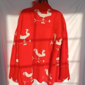 Handmade Crochet ROOSTER weather vane, Cardigan sz XL, red & white